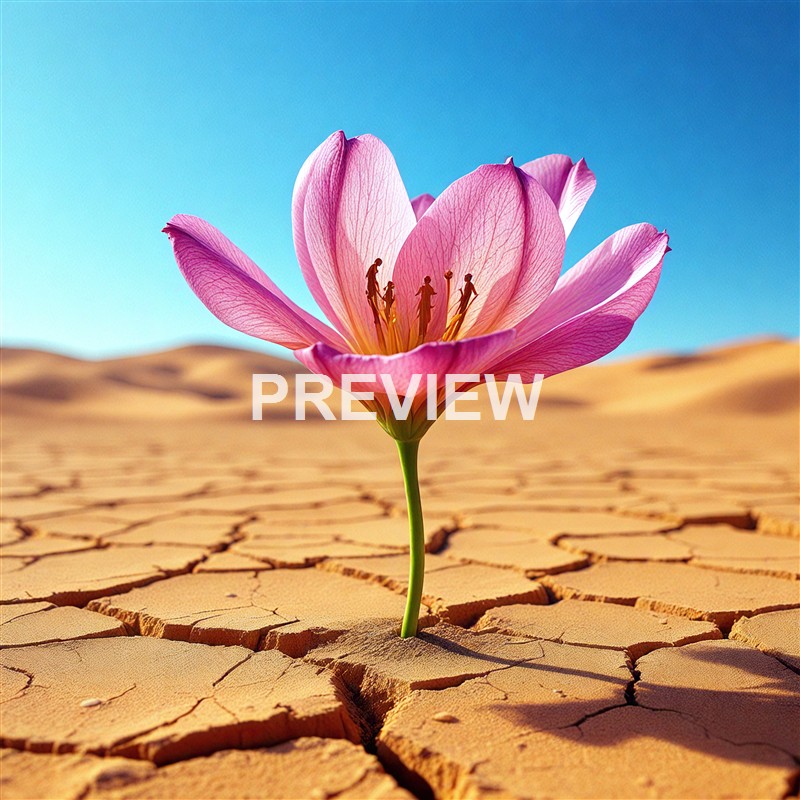 A pink flower with delicate petals and visible stamens growing out of cracked, dry desert soil under a clear blue sky.